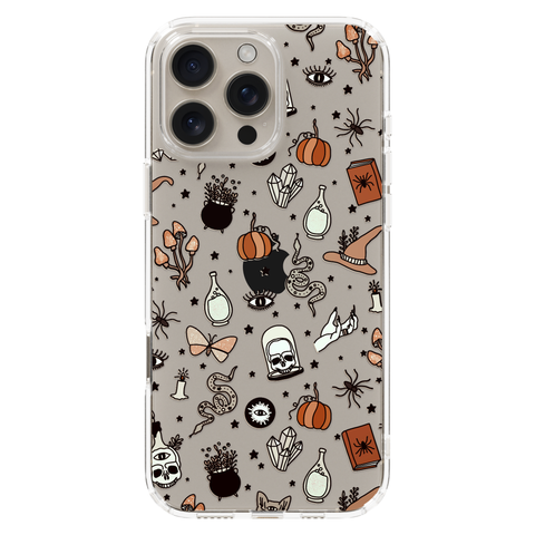 Halloween Doodles Clear Phone Case shown on iPhone 16 Pro Max