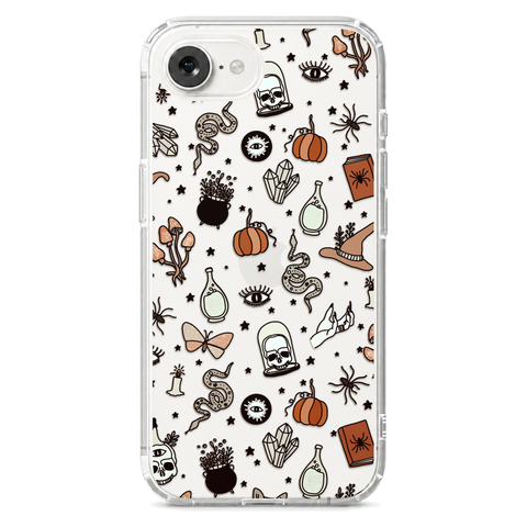 Halloween Doodles Clear Phone Case shown on iPhone 16e
