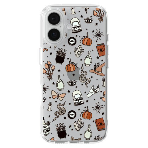 Halloween Doodles Clear Phone Case shown on iPhone 17