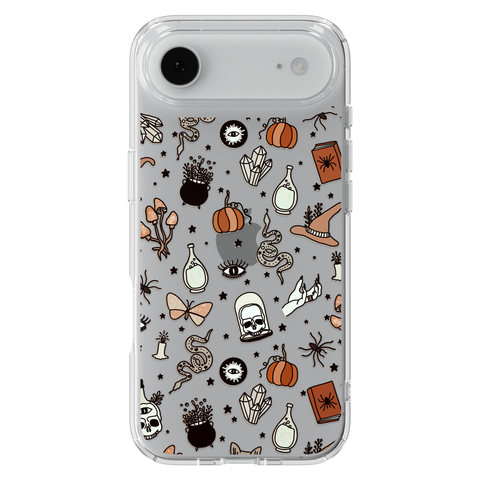 Halloween Doodles Clear Phone Case shown on iPhone 17 Air