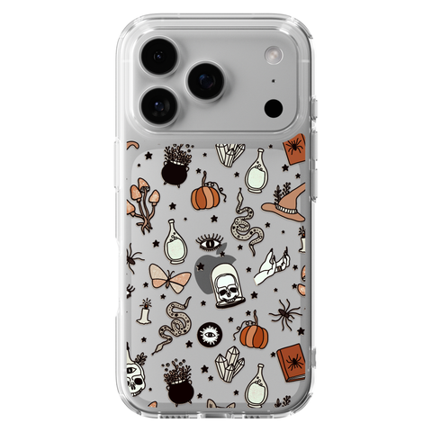 Halloween Doodles Clear Phone Case shown on iPhone 17 Pro