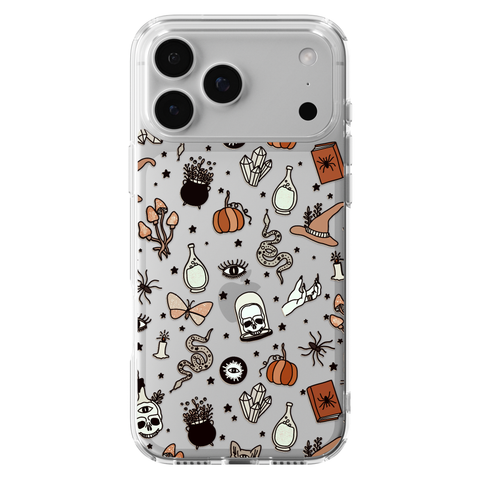 Halloween Doodles Clear Phone Case shown on iPhone 17 Pro Max