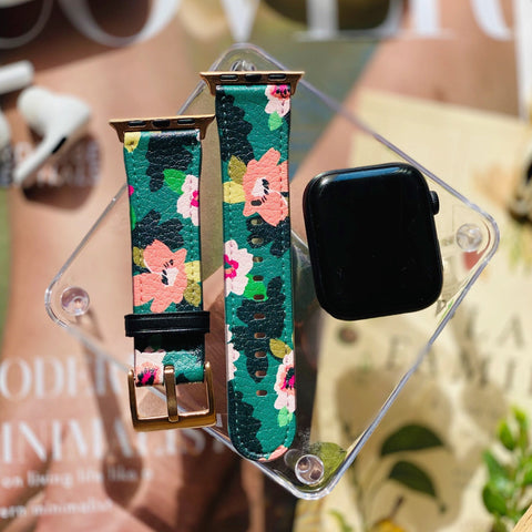 Emerald Floral Apple Watch Band - premium vegan leather printed strap (Feat)