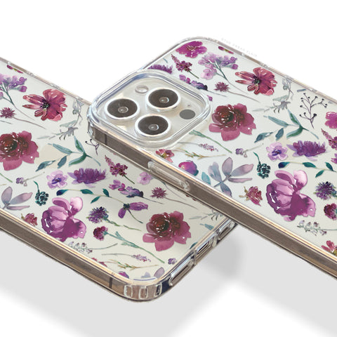 Purple Watercolor Flowers Phone Case For iPhone 17 16 15 14 13 7 8 SE Galaxy S26 S25 (Feat)