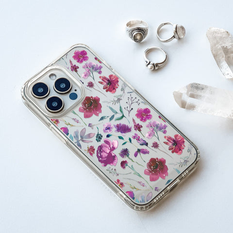 Purple Watercolor Flowers Phone Case For iPhone 17 16 15 14 13 7 8 SE Galaxy S26 S25 Feat