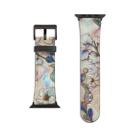 Classy Art Nouveau Floral Apple Watch Band All Series 38 40 41 42 44 45 46 49 mm For Women Vegan Faux Leather With Design
