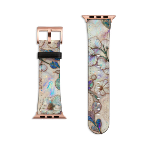 Classy Art Nouveau Floral Apple Watch Band All Series 38 40 41 42 44 45 46 49 mm For Women Vegan Faux Leather With Design