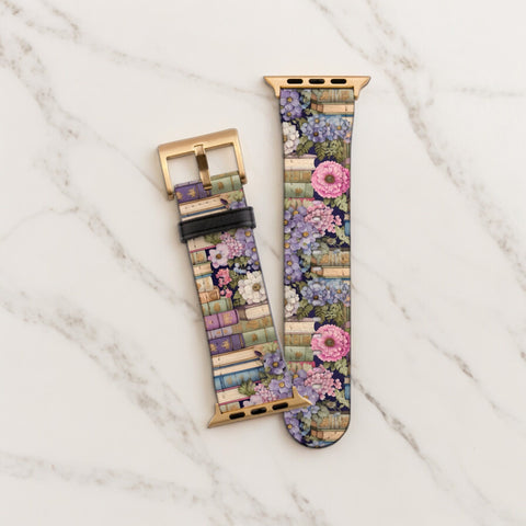 Floral Book Apple Watch Band All Series 38 40 41 42 44 45 46 49 mm For Women Vegan Faux Leather Bibliophile Bookish Design (Feat)