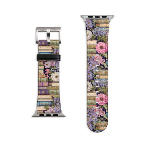 Floral Book Apple Watch Band All Series 38 40 41 42 44 45 46 49 mm For Women Vegan Faux Leather Bibliophile Bookish Design