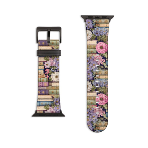 Floral Book Apple Watch Band All Series 38 40 41 42 44 45 46 49 mm For Women Vegan Faux Leather Bibliophile Bookish Design