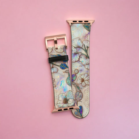 Classy Art Nouveau Floral Apple Watch Band All Series 38 40 41 42 44 45 46 49 mm For Women Vegan Faux Leather With Design (Feat)