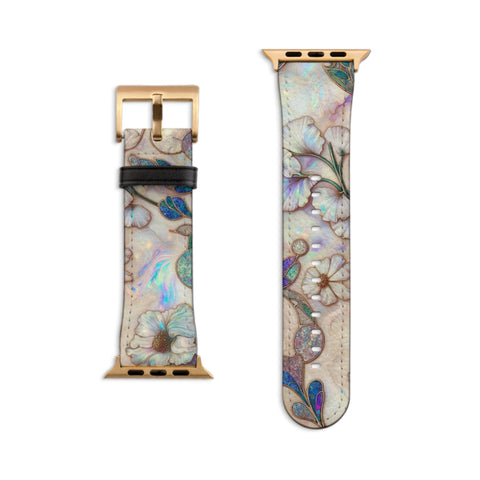 Classy Art Nouveau Floral Apple Watch Band All Series 38 40 41 42 44 45 46 49 mm For Women Vegan Faux Leather With Design