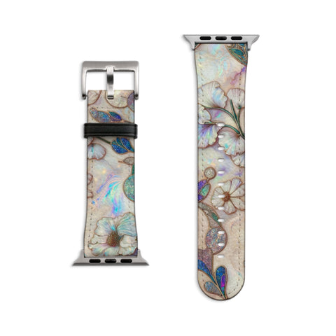 Classy Art Nouveau Floral Apple Watch Band All Series 38 40 41 42 44 45 46 49 mm For Women Vegan Faux Leather With Design