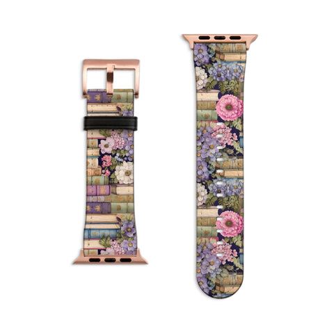 Floral Book Apple Watch Band All Series 38 40 41 42 44 45 46 49 mm For Women Vegan Faux Leather Bibliophile Bookish Design