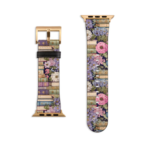 Floral Book Apple Watch Band All Series 38 40 41 42 44 45 46 49 mm For Women Vegan Faux Leather Bibliophile Bookish Design