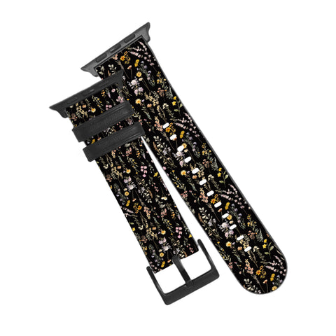 Black Watercolor Botanical Flowers Apple Watch Band - premium vegan leather printed strap (Feat)