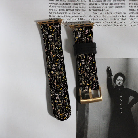 Black Watercolor Botanical Flowers Apple Watch Band - premium vegan leather printed strap (Feat)