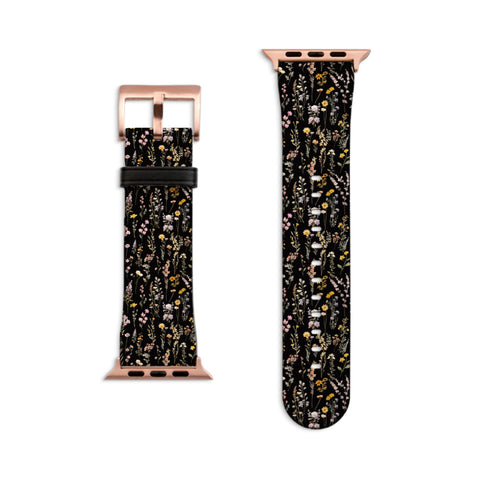 Black Watercolor Botanical Flowers Apple Watch Band - Matte Rose Gold