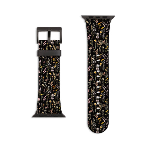 Black Watercolor Botanical Flowers Apple Watch Band - Matte Black
