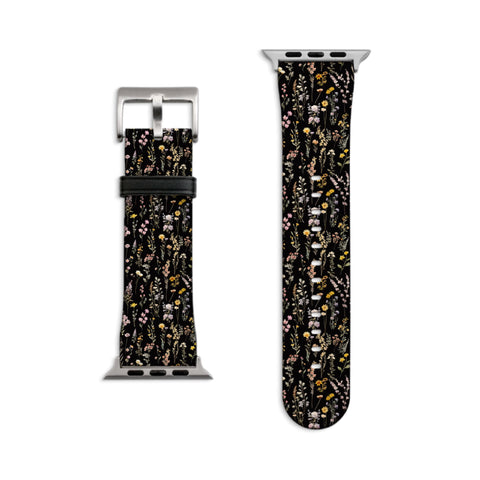 Black Watercolor Botanical Flowers Apple Watch Band - Matte Silver