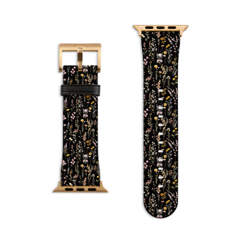 Black Watercolor Botanical Flowers Apple Watch Band - Matte Gold