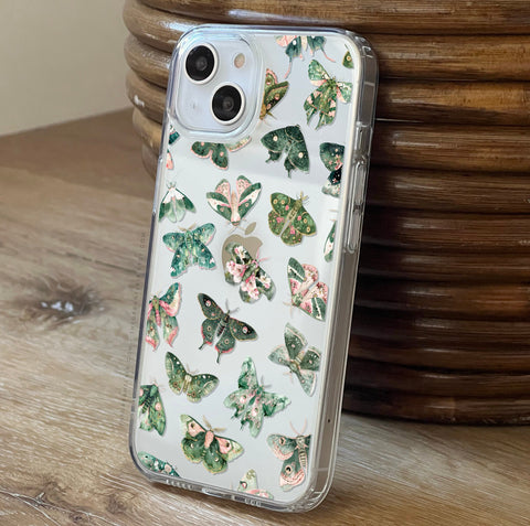 Green Pink Luna Moths Phone Case For iPhone 15 14 13 Pro Max 12 Mini 11 XR 7 8 SE 2022 Galaxy S24 Aesthetic Witchy Mystic MagSafe Cover  (Feat)