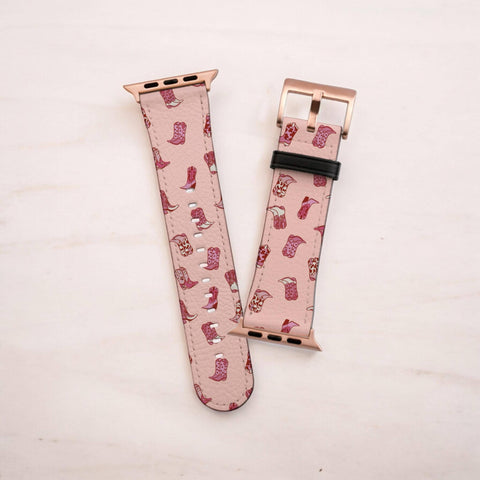 Baby Pink Cowgirl Boots Apple Watch Band - Fits Series 1-8 & SE, Western Style, Vegan Leather (Feat)