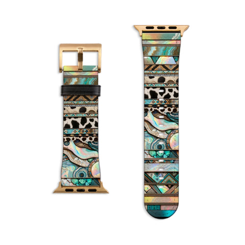 Turquoise Western Style Prints Apple Watch Band - Fits Series 1-8 & SE, 38mm 40mm 42mm 44mm - Cowgirl Style, Vegan Leather