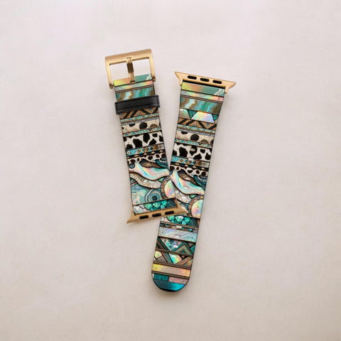 Turquoise Western Style Prints Apple Watch Band - Fits Series 1-8 & SE, 38mm 40mm 42mm 44mm - Cowgirl Style, Vegan Leather