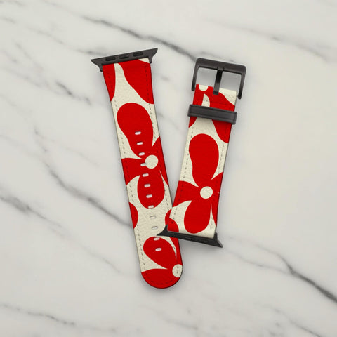 Red Chunky Retro Flowers Apple Watch Band - Fits Series 1-10, Ultra & SE, 38 40 41 42 44 45 46 49 mm - Aesthetic Style, Vegan Leather (Feat)