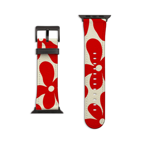 Red Chunky Retro Flowers Apple Watch Band - Fits Series 1-10, Ultra & SE, 38 40 41 42 44 45 46 49 mm - Aesthetic Style, Vegan Leather