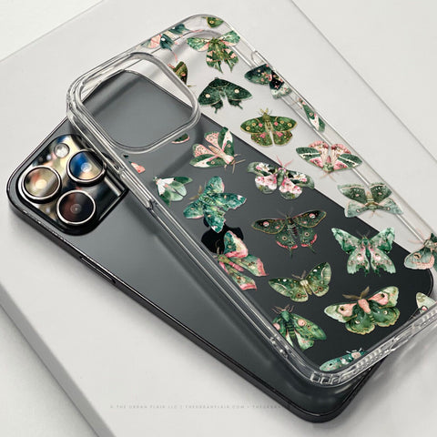 Green Pink Luna Moths Phone Case For iPhone 15 14 13 Pro Max 12 Mini 11 XR 7 8 SE 2022 Galaxy S24 Aesthetic Witchy Mystic MagSafe Cover  (Feat)