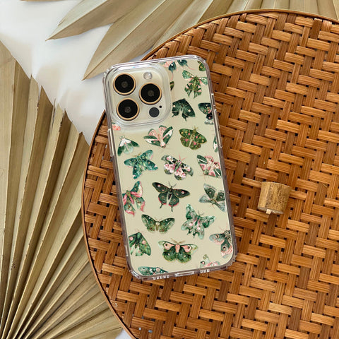 Green Pink Luna Moths Phone Case For iPhone 15 14 13 Pro Max 12 Mini 11 XR 7 8 SE 2022 Galaxy S24 Aesthetic Witchy Mystic MagSafe Cover  (Feat)