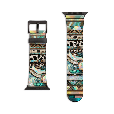 Turquoise Western Style Prints Apple Watch Band - Fits Series 1-8 & SE, 38mm 40mm 42mm 44mm - Cowgirl Style, Vegan Leather