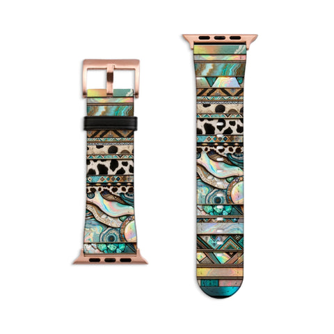 Turquoise Western Style Prints Apple Watch Band - Fits Series 1-8 & SE, 38mm 40mm 42mm 44mm - Cowgirl Style, Vegan Leather