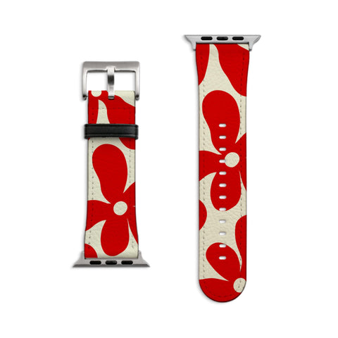 Red Chunky Retro Flowers Apple Watch Band - Fits Series 1-10, Ultra & SE, 38 40 41 42 44 45 46 49 mm - Aesthetic Style, Vegan Leather