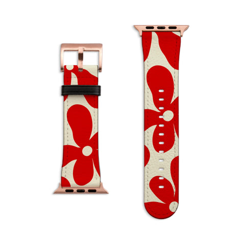 Red Chunky Retro Flowers Apple Watch Band - Fits Series 1-10, Ultra & SE, 38 40 41 42 44 45 46 49 mm - Aesthetic Style, Vegan Leather