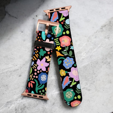 Chunky Retro Flowers Apple Watch Band - Fits All iWatch Series - Sizes 38mm 40mm 42mm 44mm - Vegan Leather Strap With Design For Women