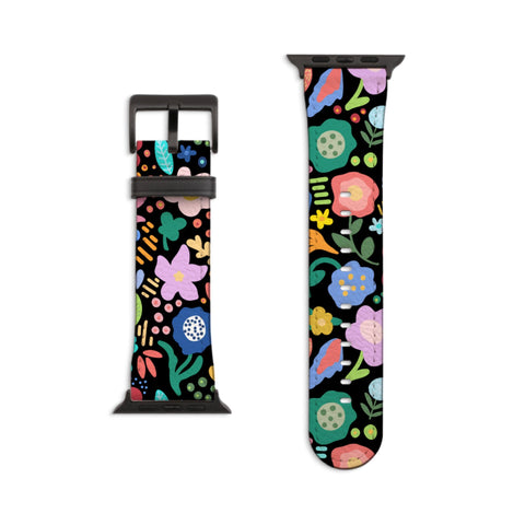 Chunky Retro Flowers Apple Watch Band - Fits All iWatch Series - Sizes 38mm 40mm 42mm 44mm - Vegan Leather Strap With Design For Women