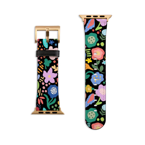 Chunky Retro Flowers Apple Watch Band - Fits All iWatch Series - Sizes 38mm 40mm 42mm 44mm - Vegan Leather Strap With Design For Women
