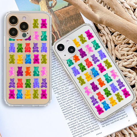 Colorful Gummy Bear Print Phone Case For iPhone 15 14 13 Pro Max 12 Mini 11 XR 7 8 SE 2022 Galaxy S24 Aesthetic Design MagSafe Clear Cover (Feat)