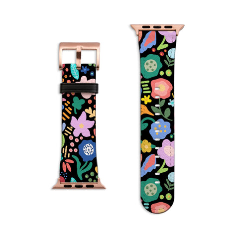 Chunky Retro Flowers Apple Watch Band - Fits All iWatch Series - Sizes 38mm 40mm 42mm 44mm - Vegan Leather Strap With Design For Women
