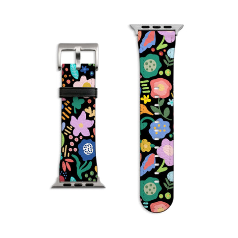 Chunky Retro Flowers Apple Watch Band - Fits All iWatch Series - Sizes 38mm 40mm 42mm 44mm - Vegan Leather Strap With Design For Women