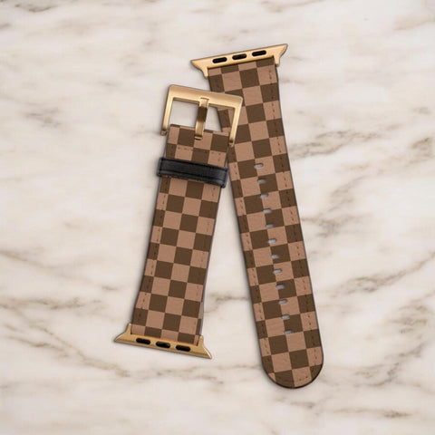 Luxury Chocolate Plaid Apple Watch Band All Series & All Sizes For Women Vegan Faux Leather Straps With Classy Design (Feat)