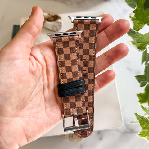 Classy Chocolate Plaid Apple Watch Band All Series & All Sizes For Women Vegan Faux Leather Straps With Aesthetic Design (Feat)