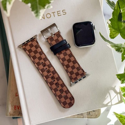 Classy Chocolate Plaid Apple Watch Band All Series & All Sizes For Women Vegan Faux Leather Straps With Aesthetic Design (Feat)
