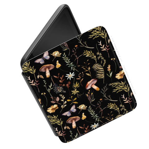 Botanical Nature Forest Art Kindle Paperwhite 7" + Colorsoft 7" Case (2024 Models) Saffiano Leather Textured Cover With Mushroom Design