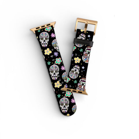 Sugar Skull Apple Watch Band All Series & All Sizes For Women Vegan Faux Leather Straps With Aesthetic Mexican Calavera Design (Feat)