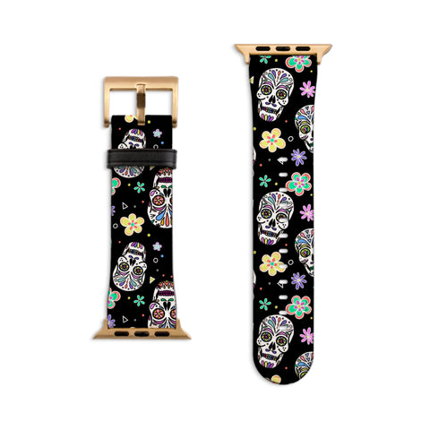 Sugar Skull Apple Watch Band All Series & All Sizes For Women Vegan Faux Leather Straps With Aesthetic Mexican Calavera Design