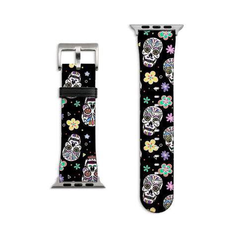 Sugar Skull Apple Watch Band All Series & All Sizes For Women Vegan Faux Leather Straps With Aesthetic Mexican Calavera Design